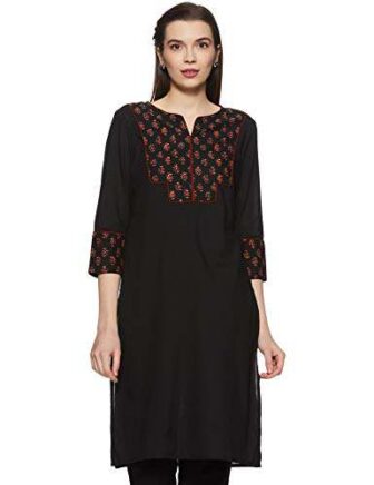 Amazon Brand - Myx Women's Cotton Straight Kurta (AJST07B_Black_Large)