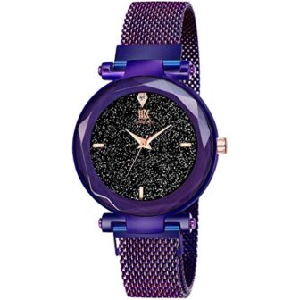 IIK Collection Purple Color Fancy Bracelet Design Black Glittery Dial Trending Magnetic...