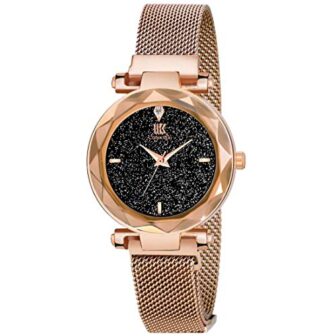 IIK Collection Rose Gold Color Fancy Bracelet Design Black Glittery Dial Trending...