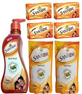 SANTOOR Soap Sandal and Turmeric+Handwash Classic Sandalwood & Tulsi PUMP (Set of...